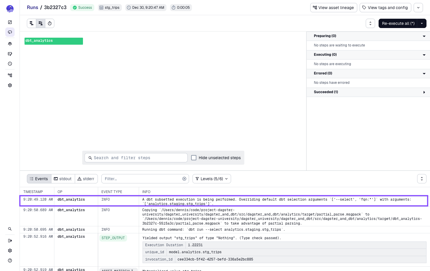Highlighted dbt command in Dagster's run logs