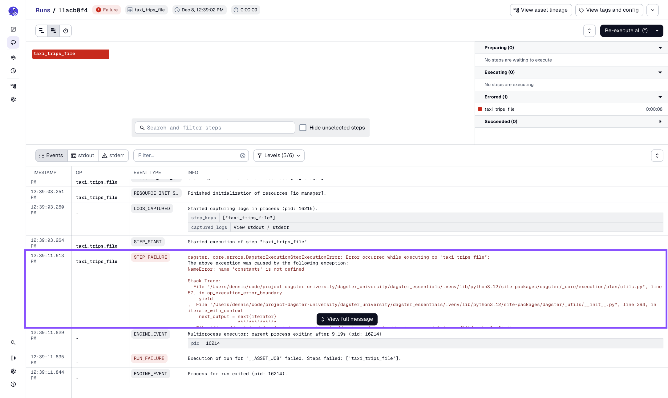 Highlighted STEP_FAILURE event in the Run logs